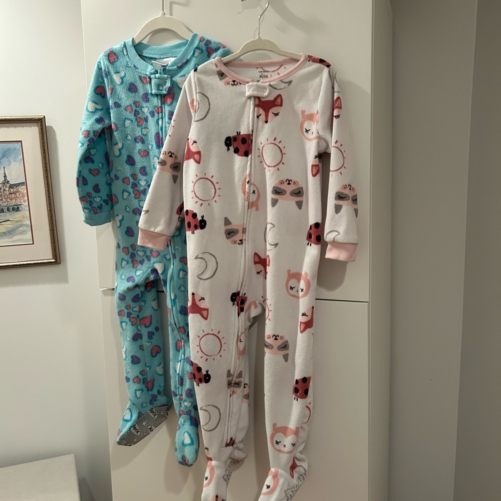 Set of 2 -3T Sleepers Pink Foxes and Blue with Hearts -Footie Pajamas